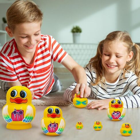 Big-Belly Yellow Duck Nesting Dolls, Handmade 10pcs Animal Duck Pattern Wooden Nesting Toys Russian Nesting Dolls, Matryoshka Stacking Dolls for Kids Christmas Birthday Gift Home Decoration in Kuwait