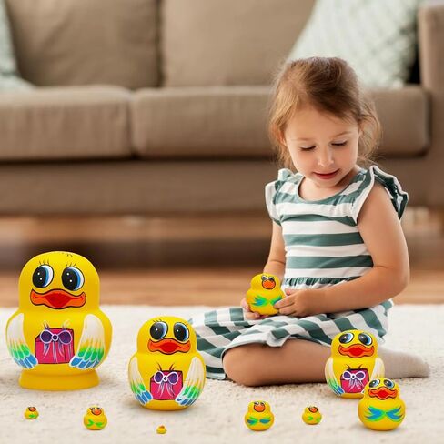 Big-Belly Yellow Duck Nesting Dolls, Handmade 10pcs Animal Duck Pattern Wooden Nesting Toys Russian Nesting Dolls, Matryoshka Stacking Dolls for Kids Christmas Birthday Gift Home Decoration in Kuwait