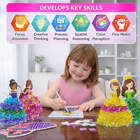 PoKraft Magical Princesses Poke Art، مجموعة أدوات حرفية ورقية مع حقيبة هدايا، متعة خالية من الفوضى للأطفال من سن 3 إلى 9 سنوات، ألعاب ألعاب أنشطة يدوية ملونة، هدايا عيد ميلاد مثالية للفتيات، بناء المهارات الحركية الدقيقة in Kuwait