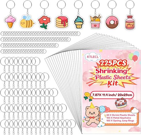 KTLECL 225PCS Shrinky Dink Kit for Kids, Shrinky Dink Sheets & Shrink Plastic Sheets Kit with 25 Shrinky Dink Paper (7.87 x 11.4in), Keychain Making Kit with 100 Keychains & Rings, DIY Crafts for Kids in Kuwait