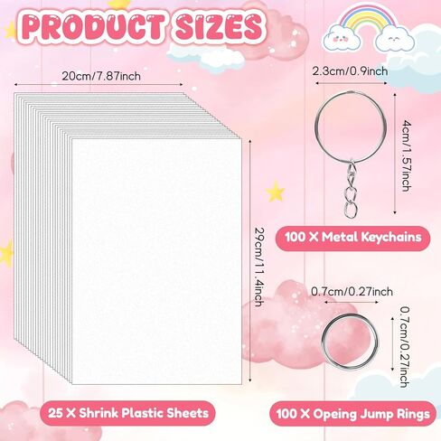 KTLECL 225PCS Shrinky Dink Kit for Kids, Shrinky Dink Sheets & Shrink Plastic Sheets Kit with 25 Shrinky Dink Paper (7.87 x 11.4in), Keychain Making Kit with 100 Keychains & Rings, DIY Crafts for Kids in Kuwait