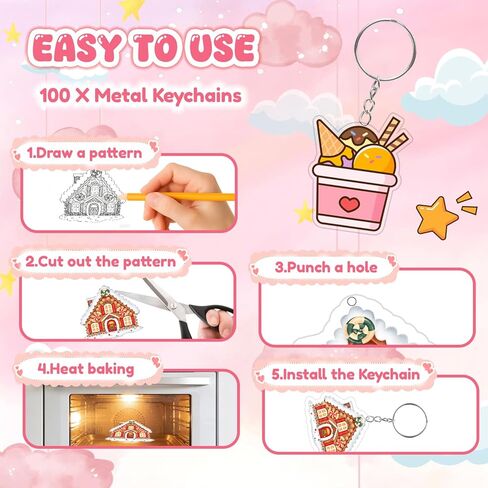 KTLECL 225PCS Shrinky Dink Kit for Kids, Shrinky Dink Sheets & Shrink Plastic Sheets Kit with 25 Shrinky Dink Paper (7.87 x 11.4in), Keychain Making Kit with 100 Keychains & Rings, DIY Crafts for Kids in Kuwait