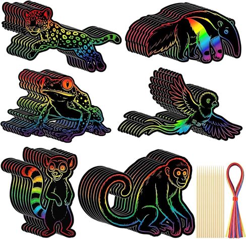 Gueevin 60 Pcs VBS 2026 Craft Scratch Cards Rainforest Themed Animal DIY Kit, 6 Rainforest Animal Designs with Wooden Sticks & Ribbons VBS 2026 Decorations & Classroom DIY Crafts in Kuwait