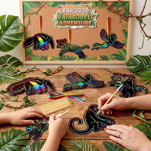 Gueevin 60 Pcs VBS 2026 Craft Scratch Cards Rainforest Themed Animal DIY Kit, 6 Rainforest Animal Designs with Wooden Sticks & Ribbons VBS 2026 Decorations & Classroom DIY Crafts in Kuwait