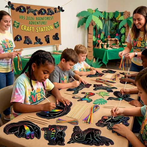 Gueevin 60 Pcs VBS 2026 Craft Scratch Cards Rainforest Themed Animal DIY Kit, 6 Rainforest Animal Designs with Wooden Sticks & Ribbons VBS 2026 Decorations & Classroom DIY Crafts in Kuwait
