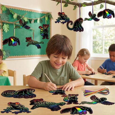 Gueevin 60 Pcs VBS 2026 Craft Scratch Cards Rainforest Themed Animal DIY Kit, 6 Rainforest Animal Designs with Wooden Sticks & Ribbons VBS 2026 Decorations & Classroom DIY Crafts in Kuwait