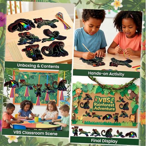 Gueevin 60 Pcs VBS 2026 Craft Scratch Cards Rainforest Themed Animal DIY Kit, 6 Rainforest Animal Designs with Wooden Sticks & Ribbons VBS 2026 Decorations & Classroom DIY Crafts in Kuwait