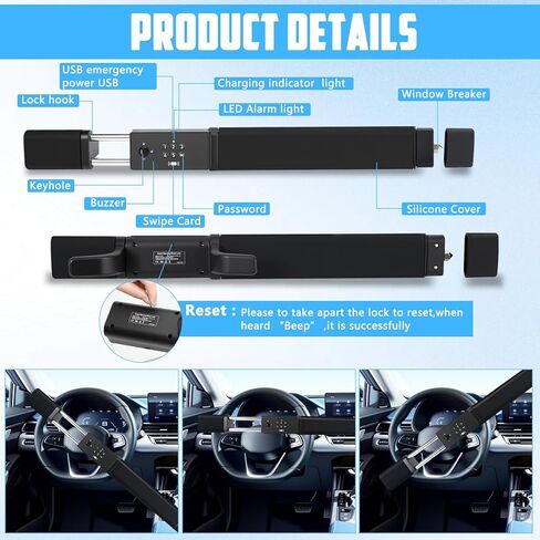 4 in 1 Password Steering Wheel Lock, Supports Mobile NFC Unlocking, Universal Adjustable Car Wheel Lock Double Hook Locks Anti-Theft Car Device, Vehicles with Keys & NFC Cards in Kuwait