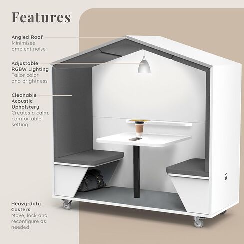 NOOK Huddle 120, Quiet Meeting Pod, Portable, Acoustic Panels, Storage Space, Power Station, Casters,White with Pole Leg and Whiteboard Back Panels, (​​77" H x 79" W x 30" D) in Kuwait