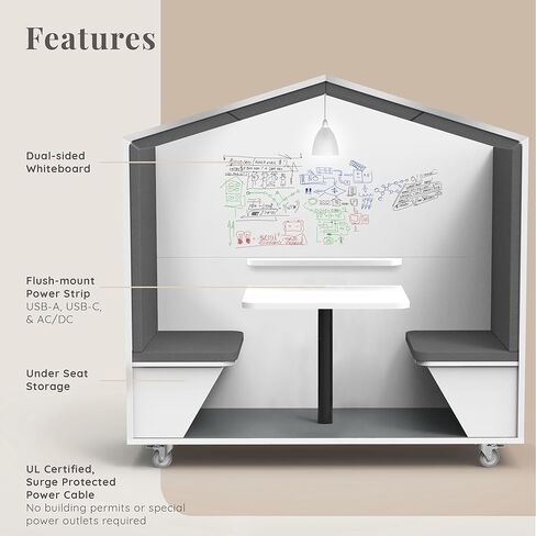 NOOK Huddle 120, Quiet Meeting Pod, Portable, Acoustic Panels, Storage Space, Power Station, Casters,White with Pole Leg and Whiteboard Back Panels, (​​77" H x 79" W x 30" D) in Kuwait