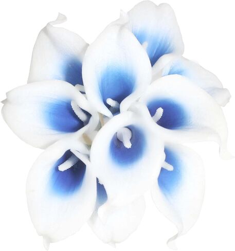 باقة زهور صناعية مكونة من 10 رؤوس PU Reach Touch Calla Lily (أزرق مخضر داكن باللون الأبيض) in Kuwait