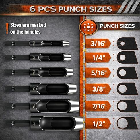 UNCO- Leather Hole Punch Drill Bit Set, 6 pcs, 3/16" 1/4" 5/16" 3/8" 7/16" 1/2", Carbon Steel, Hex Shank Leather Punch Tool Bits for Power Drill, Belt, Strap, Fabric & DIY Craft Work in Kuwait