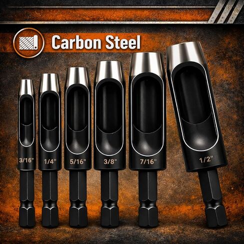 UNCO- Leather Hole Punch Drill Bit Set, 6 pcs, 3/16" 1/4" 5/16" 3/8" 7/16" 1/2", Carbon Steel, Hex Shank Leather Punch Tool Bits for Power Drill, Belt, Strap, Fabric & DIY Craft Work in Kuwait