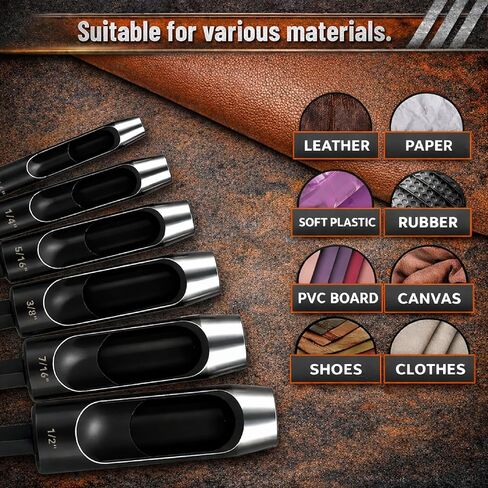 UNCO- Leather Hole Punch Drill Bit Set, 6 pcs, 3/16" 1/4" 5/16" 3/8" 7/16" 1/2", Carbon Steel, Hex Shank Leather Punch Tool Bits for Power Drill, Belt, Strap, Fabric & DIY Craft Work in Kuwait