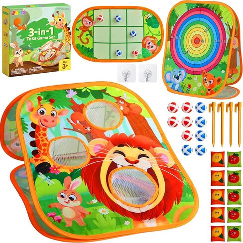 JOYIN 3-in-1 Animal Bean Bag Toss Game for Kids, Portable Corn Hole Games with Tic Tac Toe & Small Sticky Balls, Indoor & Outdoor Toys for Party Yard Beach Lawn, Birthday Gift for Boys Girls Toddlers in Kuwait