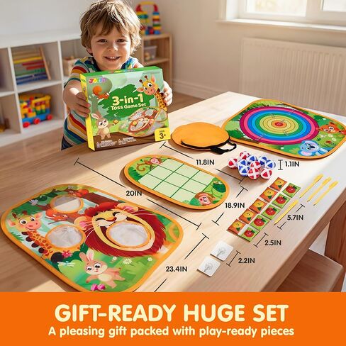 JOYIN 3-in-1 Animal Bean Bag Toss Game for Kids, Portable Corn Hole Games with Tic Tac Toe & Small Sticky Balls, Indoor & Outdoor Toys for Party Yard Beach Lawn, Birthday Gift for Boys Girls Toddlers in Kuwait