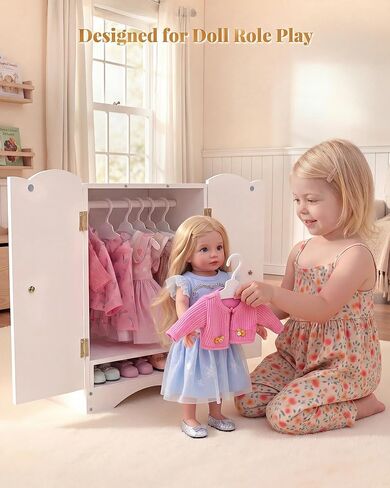 Wooden Baby Dolls Closet with 10 Hangers & Shelf, 12-16 Inch Doll Wardrobe for Baby Doll Clothes Storage, Magnetic Closure & Easy Assembly, Baby Doll Accessories Furniture in Kuwait
