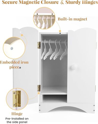 Wooden Baby Dolls Closet with 10 Hangers & Shelf, 12-16 Inch Doll Wardrobe for Baby Doll Clothes Storage, Magnetic Closure & Easy Assembly, Baby Doll Accessories Furniture in Kuwait