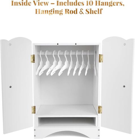 Wooden Baby Dolls Closet with 10 Hangers & Shelf, 12-16 Inch Doll Wardrobe for Baby Doll Clothes Storage, Magnetic Closure & Easy Assembly, Baby Doll Accessories Furniture in Kuwait