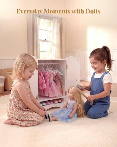 Wooden Baby Dolls Closet with 10 Hangers & Shelf, 12-16 Inch Doll Wardrobe for Baby Doll Clothes Storage, Magnetic Closure & Easy Assembly, Baby Doll Accessories Furniture in Kuwait