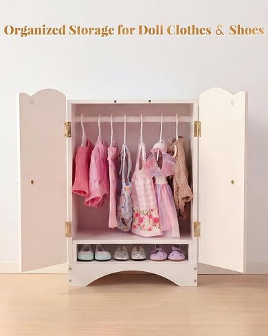 Wooden Baby Dolls Closet with 10 Hangers & Shelf, 12-16 Inch Doll Wardrobe for Baby Doll Clothes Storage, Magnetic Closure & Easy Assembly, Baby Doll Accessories Furniture in Kuwait