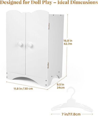Wooden Baby Dolls Closet with 10 Hangers & Shelf, 12-16 Inch Doll Wardrobe for Baby Doll Clothes Storage, Magnetic Closure & Easy Assembly, Baby Doll Accessories Furniture in Kuwait