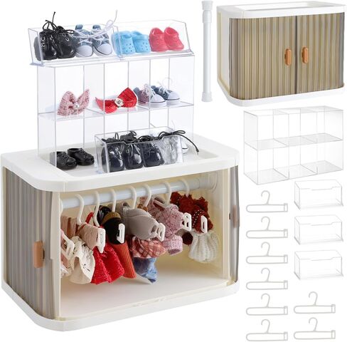 Foldable Doll Wardrobe, Organizer Cabinet with 10 Hangers 3 Storage Box 1 Doll Accessories Display Box & Rod, Doll Clothes Closet for Storing 15/17cm Outfits with Cover & Display Shelf in Kuwait