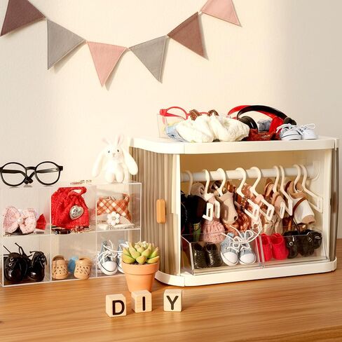 Foldable Doll Wardrobe, Organizer Cabinet with 10 Hangers 3 Storage Box 1 Doll Accessories Display Box & Rod, Doll Clothes Closet for Storing 15/17cm Outfits with Cover & Display Shelf in Kuwait