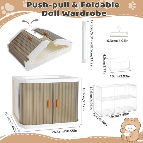 Foldable Doll Wardrobe, Organizer Cabinet with 10 Hangers 3 Storage Box 1 Doll Accessories Display Box & Rod, Doll Clothes Closet for Storing 15/17cm Outfits with Cover & Display Shelf in Kuwait