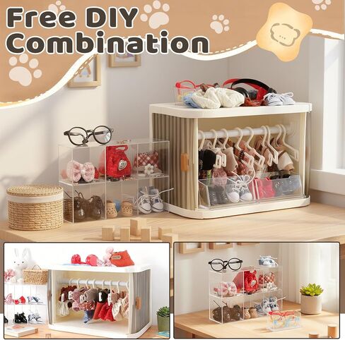 Foldable Doll Wardrobe, Organizer Cabinet with 10 Hangers 3 Storage Box 1 Doll Accessories Display Box & Rod, Doll Clothes Closet for Storing 15/17cm Outfits with Cover & Display Shelf in Kuwait