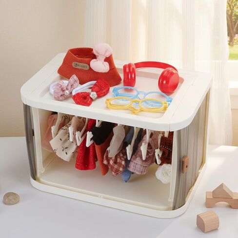 Foldable Doll Wardrobe, Organizer Cabinet with 10 Hangers 3 Storage Box 1 Doll Accessories Display Box & Rod, Doll Clothes Closet for Storing 15/17cm Outfits with Cover & Display Shelf in Kuwait