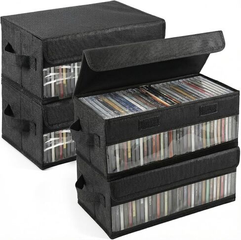 4 Packs CD Storage Box with Visible Window, Stackable CD Case Holder with Dustproof Lid and Handles, Foldable DVD Fabric Case Holder, Holds Up to 32 CDs in Full Jewel Cases(14.6 × 6.5 × 5.5 Inches) in Kuwait