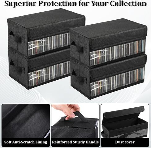 4 Packs CD Storage Box with Visible Window, Stackable CD Case Holder with Dustproof Lid and Handles, Foldable DVD Fabric Case Holder, Holds Up to 32 CDs in Full Jewel Cases(14.6 × 6.5 × 5.5 Inches) in Kuwait