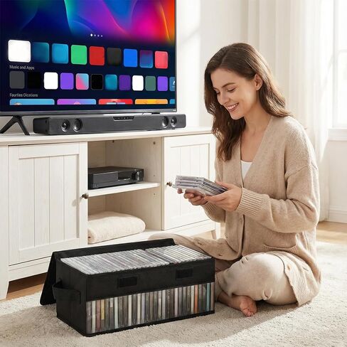 4 Packs CD Storage Box with Visible Window, Stackable CD Case Holder with Dustproof Lid and Handles, Foldable DVD Fabric Case Holder, Holds Up to 32 CDs in Full Jewel Cases(14.6 × 6.5 × 5.5 Inches) in Kuwait