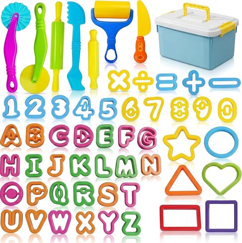 55 Pcs Alphabet & Number Dough Tool Set – Clay Play Kit for Kids with Rolling Pins, Geometric Cutters & Letter Molds, Modeling Accessories for Creative Learning in Kuwait