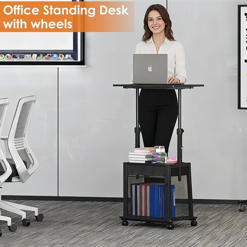 Height Adjustable Standing Desk with Wheels,Mobile Sit Stand Up Desk with Drawer,Rolling Laptop Computer Desk with storage,Portable Podium Teacher Stand Desk,Narrow Walking Pad Desk for Home Office in Kuwait