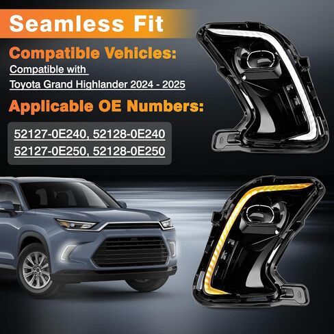 Riloer LED Daytime Running Light with Dynamic Turn Signal Lamps, 52127-0E240, 52128-0E240, 52127-0E250, 1 Set, White (for Daytime Running Light) and Amber (for Turning Signal Light) in Kuwait