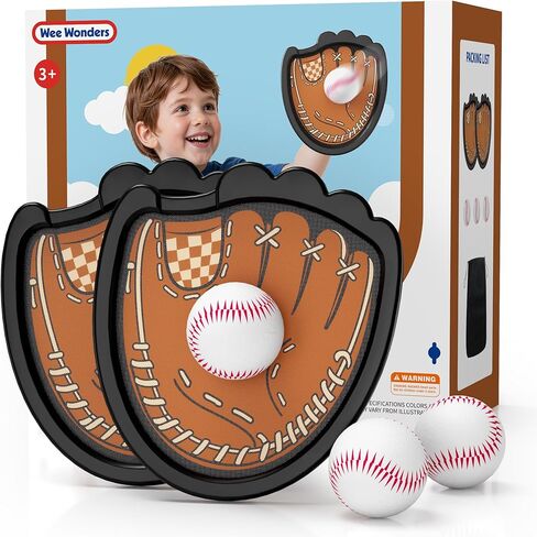 Wee Wonders Toss and Catch Ball Set, Toddler Baseball Glove Includes 2 Paddles & 3 Sticky Balls, Catching Ball Game for Beach Yard Pool Outside, Indoor Outdoor Toys Gifts for Kids Ages 3-12, Brown in Kuwait