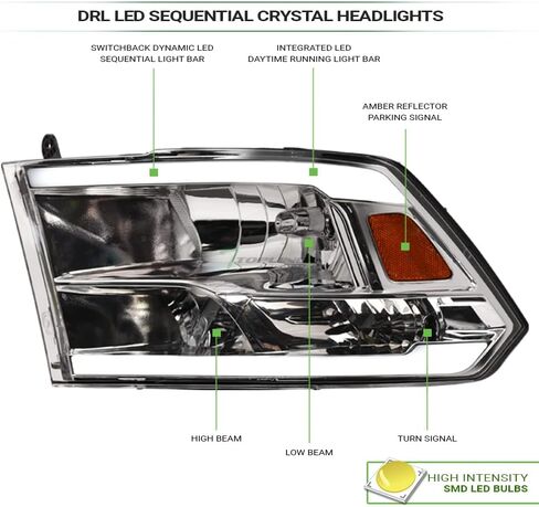 Switchback Sequential LED Strip Tube Bar Chrome Housing Crystal Headlights Signal Lamps Amber Reflector nb Compatible With 09-18 Dodge Ram 1500/19-24 Classic / 10-18 2500 3500 in Kuwait