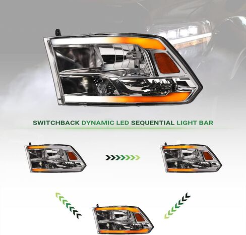 Switchback Sequential LED Strip Tube Bar Chrome Housing Crystal Headlights Signal Lamps Amber Reflector nb Compatible With 09-18 Dodge Ram 1500/19-24 Classic / 10-18 2500 3500 in Kuwait