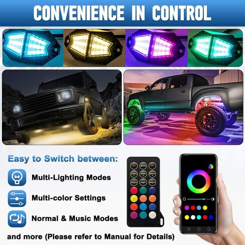 Riloer 4 Pods RGB Rock Ambient LED Lights، مجموعة واحدة من مصابيح السيارة الذكية 12 فولت مع التحكم في التطبيق المتوافقة مع UTV، ATV، SUV، السيارة، عربة الجولف، الشاحنة in Kuwait