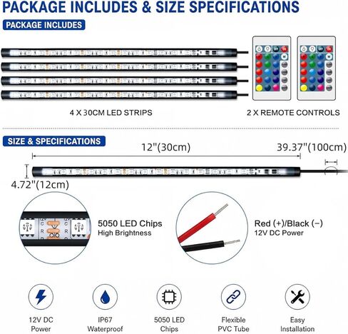 شريط إضاءة LED 12 فولت RGB مع جهاز تحكم عن بعد، 4 قطع 12 بوصة شريط أضواء سيارة فائق السطوع IP67 مقاوم للماء لعربة الجولف للدراجات النارية والقوارب الخارجية الداخلية، وحدة تحكم مدمجة، متعدد الألوان in Kuwait