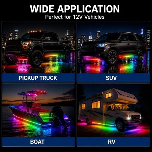 شريط إضاءة LED 12 فولت RGB مع جهاز تحكم عن بعد، 4 قطع 12 بوصة شريط أضواء سيارة فائق السطوع IP67 مقاوم للماء لعربة الجولف للدراجات النارية والقوارب الخارجية الداخلية، وحدة تحكم مدمجة، متعدد الألوان in Kuwait