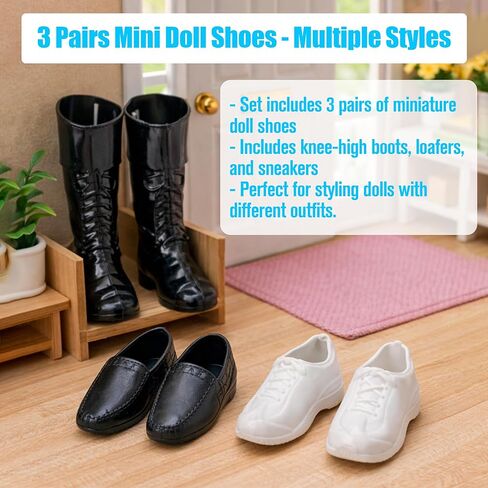3 Pairs Fashion Doll Boots Fashion Accessories, Casual Shoes Miniature Wear Fashionable Clothes Outfit, Handmade Costumes Clothing Craftsmanship Black Mini Dollhouse Scene, Micro Landscape Decoration in Kuwait