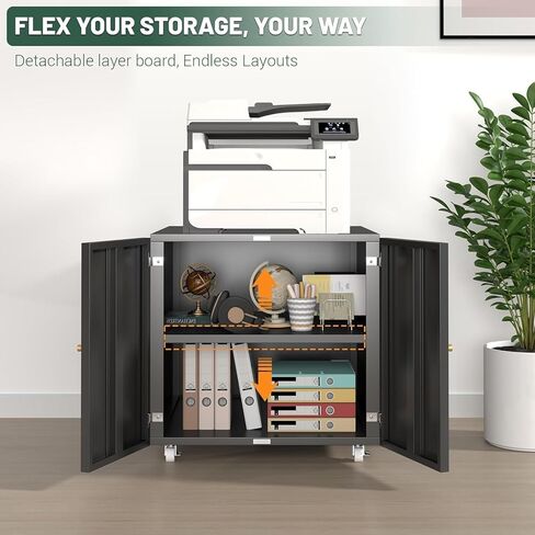Large Printer Stand with Storage,3D Heavy-Duty Printer Table for Home Office with Wheels,2 Doors and Adjustable Shelves,23.62" H Black in Kuwait