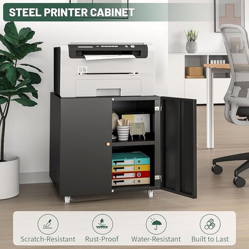 Large Printer Stand with Storage,3D Heavy-Duty Printer Table for Home Office with Wheels,2 Doors and Adjustable Shelves,23.62" H Black in Kuwait