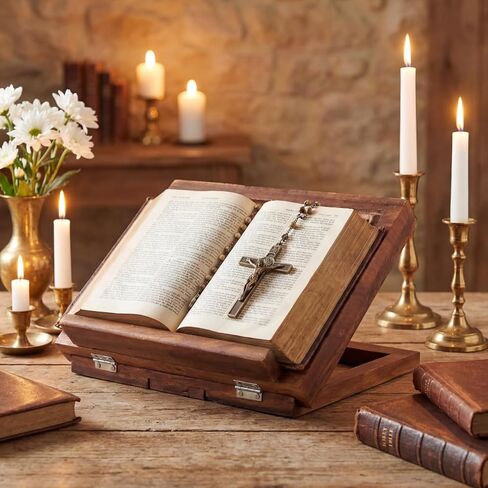 Amyhill حامل الكتاب المقدس الخشبي القابل للتعديل مقاس 13 × 10 بوصة حامل قداس منحوت قابل للطي حامل كتب الصلاة حامل عرض كتاب قابل للتعديل لقراءة الصلاة الدينية القابلة للطي حامل الكتب المقدسة الخشبي in Kuwait
