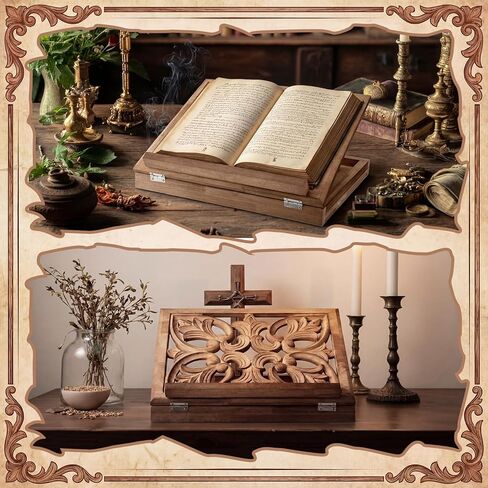 Amyhill حامل الكتاب المقدس الخشبي القابل للتعديل مقاس 13 × 10 بوصة حامل قداس منحوت قابل للطي حامل كتب الصلاة حامل عرض كتاب قابل للتعديل لقراءة الصلاة الدينية القابلة للطي حامل الكتب المقدسة الخشبي in Kuwait
