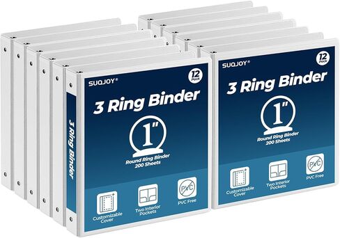 SUQJOY 1 Inch 3 Ring Binders 12 Pack, Clear View Binder Bulk, White PVC-Free 3-Ring Binders for School, Office or Home, Fits 8.5 x 11 Inches Paper in Saudi Arabia