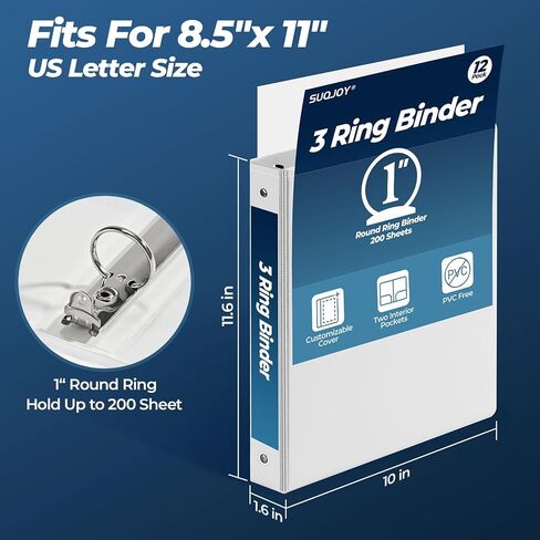 SUQJOY 1 Inch 3 Ring Binders 12 Pack, Clear View Binder Bulk, White PVC-Free 3-Ring Binders for School, Office or Home, Fits 8.5 x 11 Inches Paper in Saudi Arabia